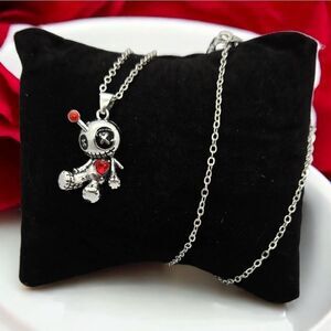 Voodoo Doll Pendant Silver Necklace Creepy Gothic Horror Goth Curse Red Pin